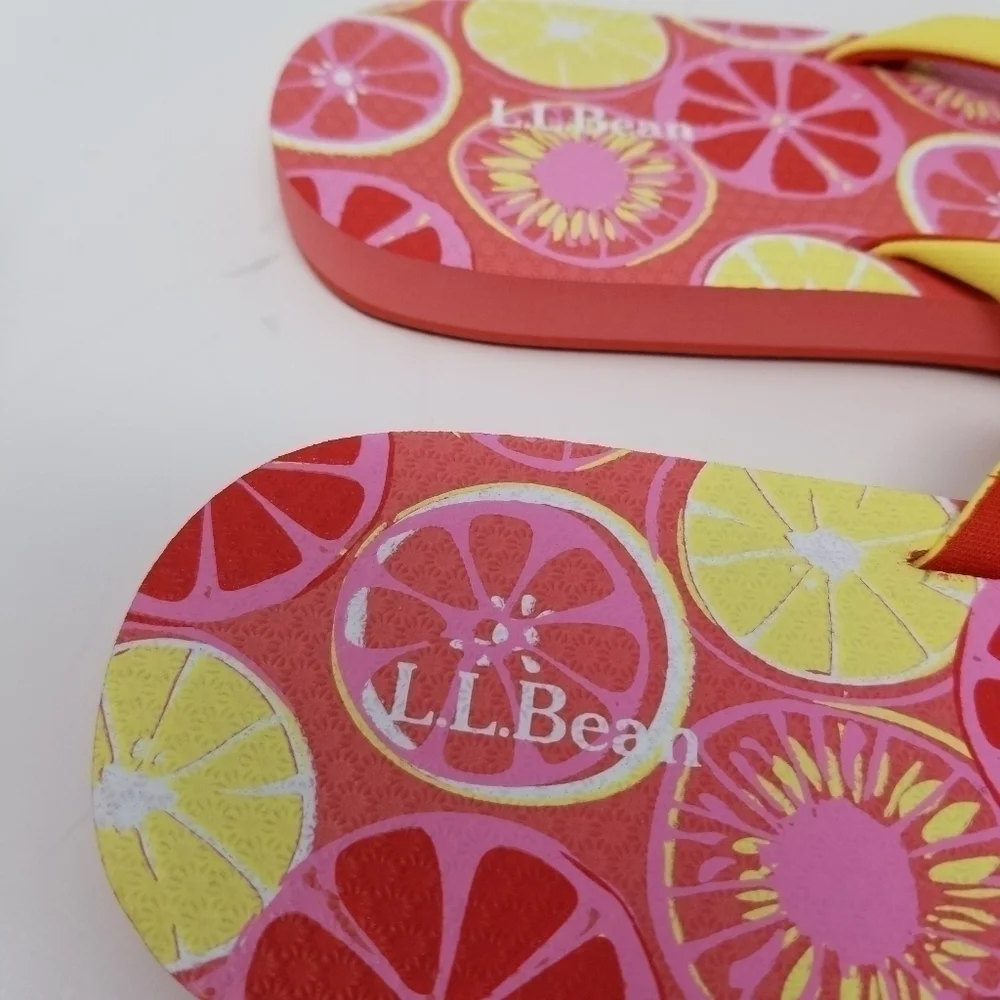 LL Bean Womens Flip Flops Sandals Sz L 9-10 Thong Citrus Fruit Print Pink Yellow